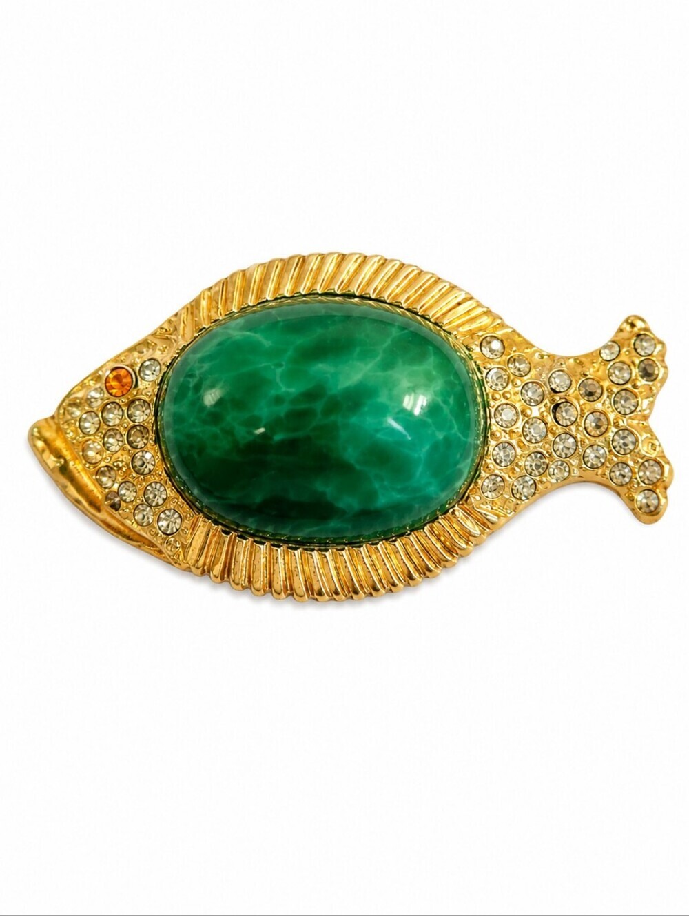 Vtg HAR Art Noveau Jelly Belly Jade Grumpy Fish Brooch